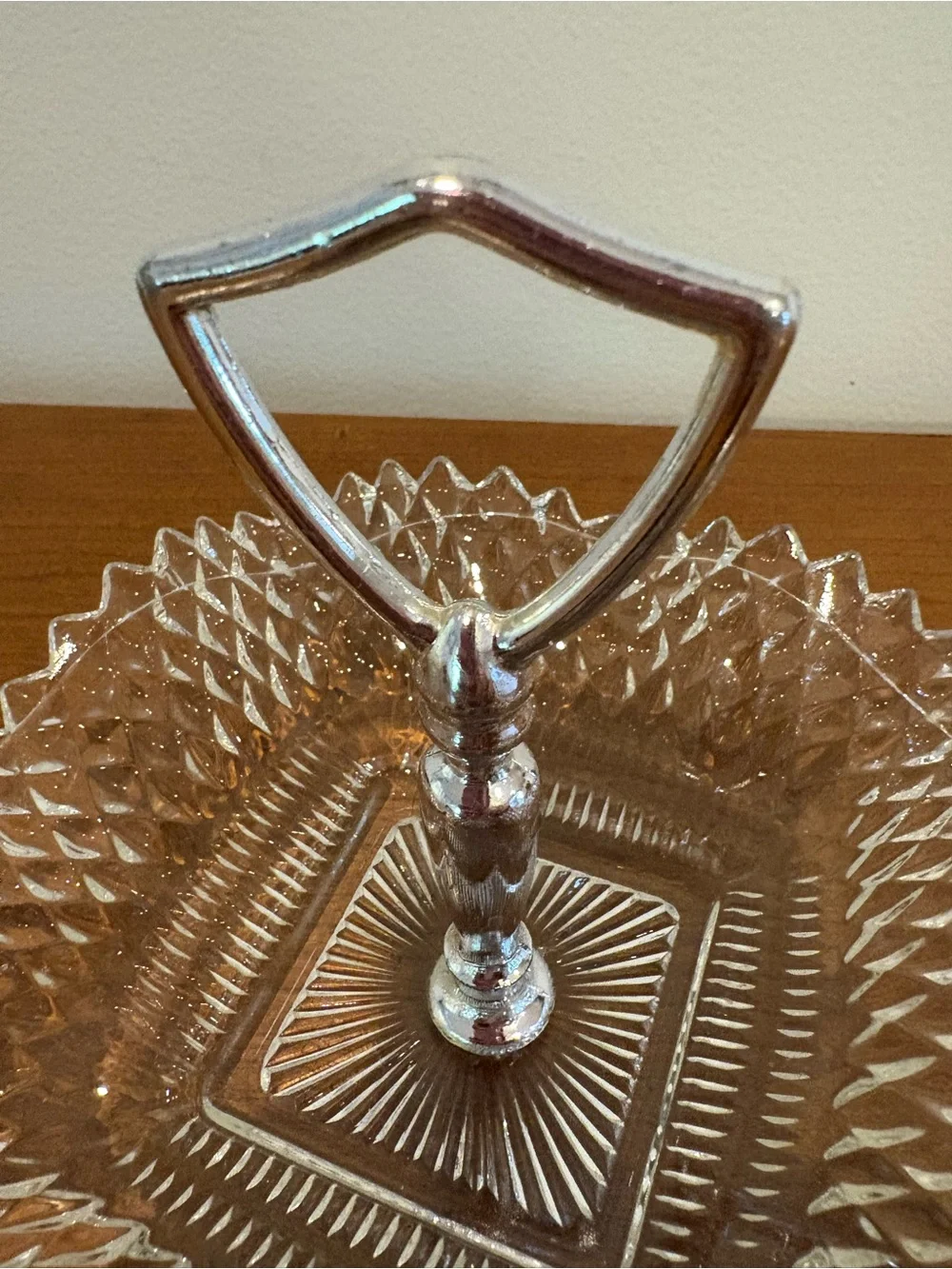 Vintage Glass Diamond Point Pressed Ruffle Edges Trinket Dish with Silver Handle